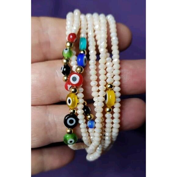 Light Pink Iridescent & Multicolor Evil Eye Multistrand Bead Bracelet Adjustable - Picture 3 of 8